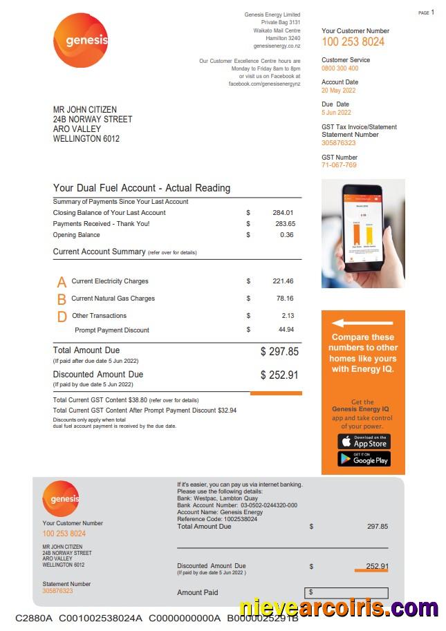 New Zealand Genesis Gas utility bill 3 pages 3